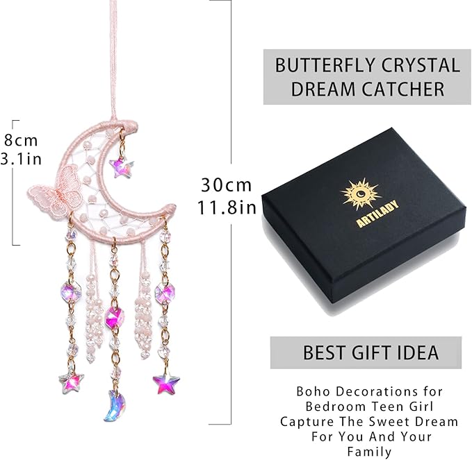Artilady Dream Catcher for Girls - Pink Butterfly Small Moon Dream Catchers with Crystals Cute Room Decor for Teen Girls Boys Boho Bedroom Wall Home Decorations Birthday Christmas Kids Gifts