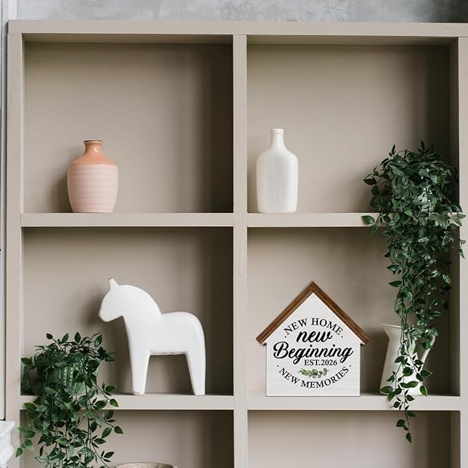 2026 Housewarming Gifts, New Home Gift Ideas, New Beginnings House Shaped Wooden Block Sign, Home Living Room Decor for Desk Table Shelf