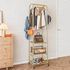 SUOERNUO Clothes Rack With Wheels and 3-Tier Metal Shelves,Clothing Rack For Hanging Clothes With 4 Hooks,Garment Rack Wardrobe Organizer for Small Space,Black (gold, 16.54 * 18.23 * 72.05)
