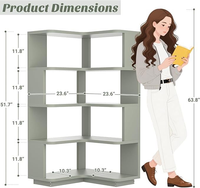 Armocity Corner Book Shelf - 5 Tier Corner Bookshelf Etagere Bookcase with Baffle, Freestanding L Shaped Display Shelf Stand for Home Office, Living Room, Bedroom, Kitchen, Crab Green