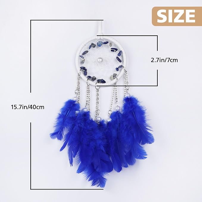 Pretty Jolly Crystal Stone Small Dream Catchers Blue Feathers Mini Dreamcatchers with Beads for Car Rear View Mirror Hanging Decoration Good Luck Travel Charm Little Bedroom Ornaments for Women Girls