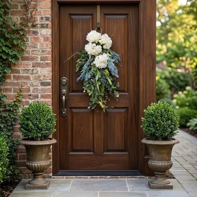 26" White Floral Teardrop Swag for Front Door, Artificial Spring Summer Farmhouse Door Decor with Greenery, White Floral Hanging Swags with Berries for Porch Entryway Window Wall