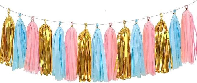 15PCS Shiny Tassel Garland Tissue Paper Tassel Banner,Table Decor,Tassels Party Decor Supplies for Wedding,Birthday,Bridal/Baby Shower,Anniversary,DIY Kits - (Pink/Light Blue/Gold)