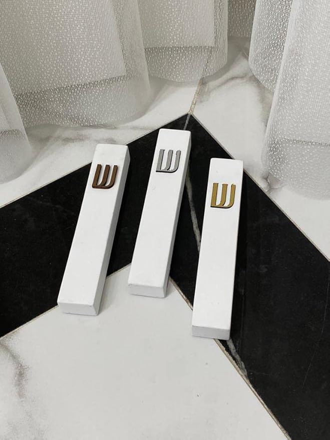 A&S Mezuzot Modern Concrete Mezuzah Case with Scroll, Easy Peel and Stick Mezuza (Ivory+ Gold Shin, 11 Inches)