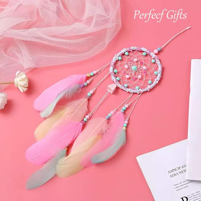 Dreamcatcher Handmade Dream Catchers for Bedroom, Girls Gifts, Pink Colorful Feather