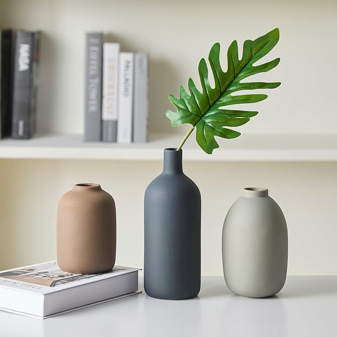 Ceramic Vase Set of 3,Neutral Modern Vases for Bouquet Pampas Grass Dried Fresh Flowers,Rustic Home Decor for Living Room,Bedroom Entryway