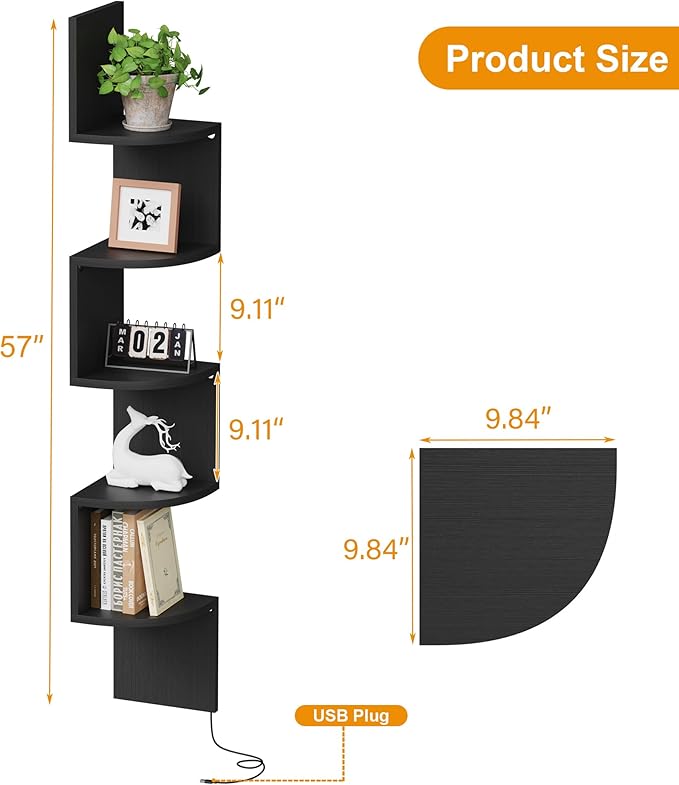 Qupui 5-Tier Tall Corner Shelf with LED Lights, 57 Inch Floating Wall Mounted Corner Shelf for Bedroom Living Room Bathroom, Black Bookshelf Display Stand with RGB Lighting