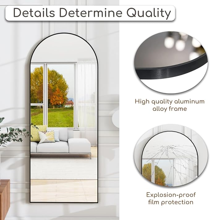 Prywot Arched Floor Mirror, 64 "x 21" Full Length Mirror Wall Mirrors Hanging or Leaning Arched-Top Full Body Mirrors with Stand for Bedroom, Dressing Room, Black
