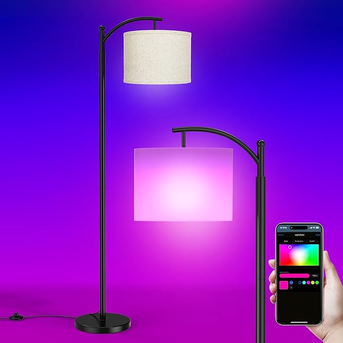 Floor Lamps with Matter Smart Light Bulb, RGB + Color Temperatures Bright Dimmable Smart Floor lamp, Living Room Standing Tall Industrial Floor Lamp (Beige Lampshade Included) -Black