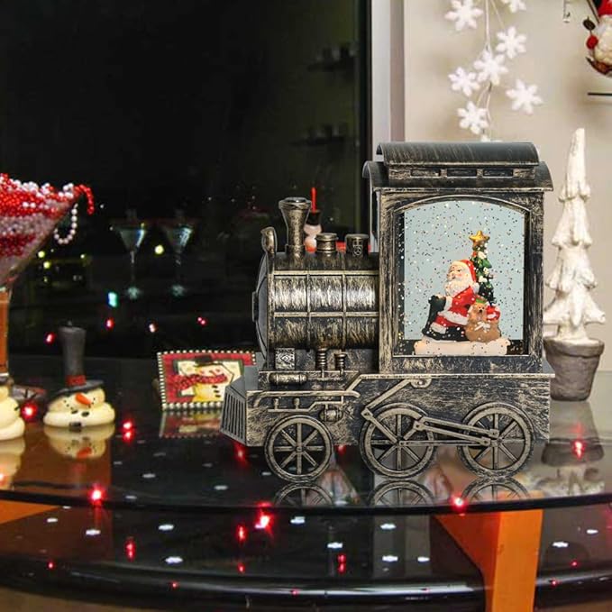 Wondise Lighted Christmas Snow Globes Musical Lantern with Timer, Battery Operated and USB Powered Spinning Water and Swirling Glitter Train Shape Holiday Decoration