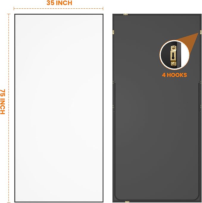 TRAHOME Full Length Mirror, 75"x35" Standing Floor Full Body Mirror for Wall with Aluminum Alloy Frame for Bedroom, Living Room, Dressing Room(Black)