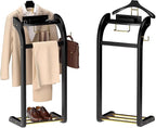 Suit Valet Stand for Men, Wood Mens Valet Stand with Base, Contour Hanger, Tray, Trouser Bar and Tie Bar, Clothes Valet Stand for Bedroom Entryway Home Living Room Office (Black)