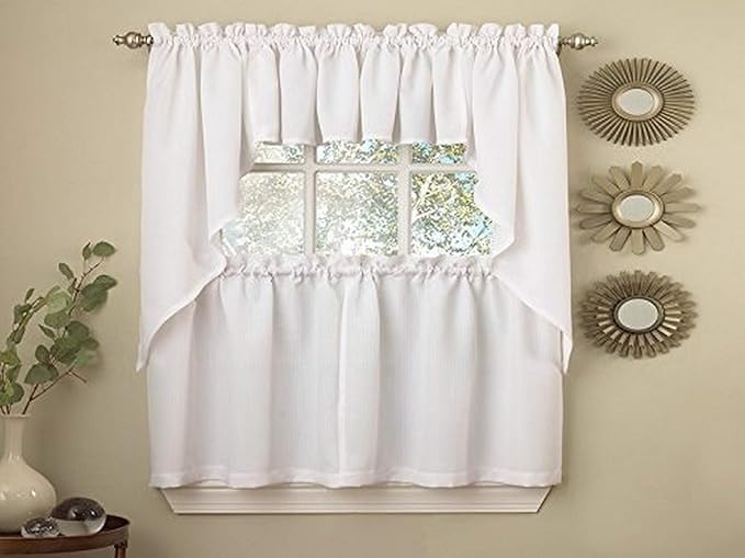 Sweet Home Collection Opaque Rib Cord Kitchen Curtains Pair, 24" Tier, Ribcord White