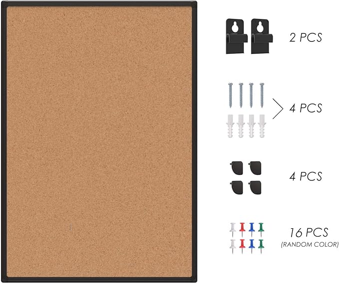 Cork Board Bulletin Board 20 x 30, Black Aluminium Framed Corkboard, Office Board for Wall Cork, Large Wall Mounted Notice Pin Board with 16 Push Pins for School, Home & Office