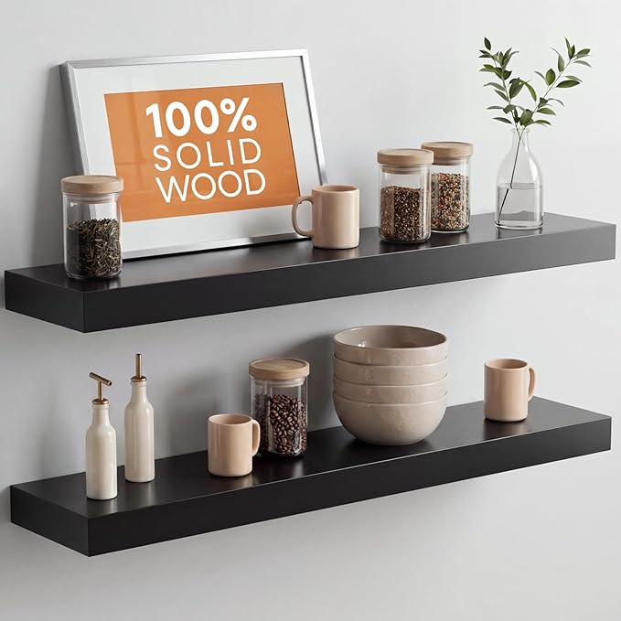 Homeforia Black Floating Shelves 30 inches Long, High End Solid Real Wood 30 inch Floating Shelf for Wall Mounted, Black Wooden 30in Floating Shelves, Heavy Duty Bracket, 30 X 6.5 X 1.75 in, Set of 4
