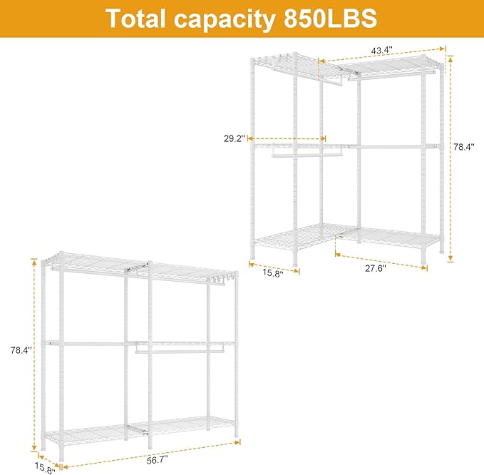 E15 Garment Rack L Shaped Clothes Rack for Corner，Freestanding Clothing Racks for Hanging Clothes，Heavy Duty Closet Organizer with 4 Hanging Rods & 8 S Hooks，43.4" W x 15.8" D x 78.4" H，White