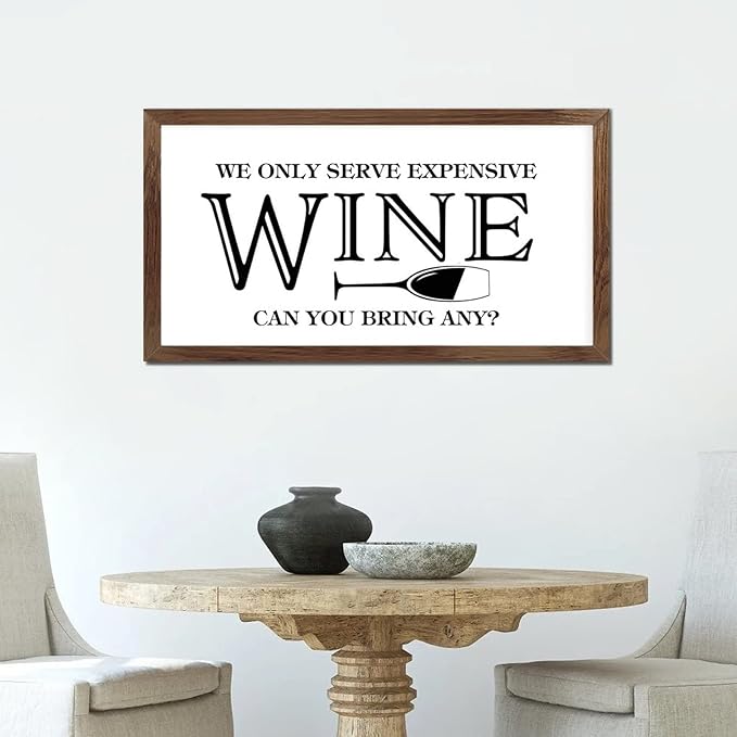Family Lettering 12x22in Hanging Wall Sign with Life Positive Quote We Only Serve Expensive Wine Apricot Frame Wooden Plaque Birthday Housewarming Gift for Cottage Home Farmhouse Porch Wall Decor