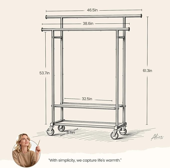 Double Rods Clothes Rack, Rolling Clothing Rack for Hanging Clothes Closet Rack with Wheels, Metal Portable Garment Rack with Double Shelves for Bedroom Laundry Living Room, Black