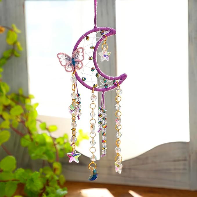 Artilady Dream Catcher for Girls - Purple Butterfly Small Moon Dream Catchers with Crystals Cute Room Decor for Teen Girls Boys Boho Bedroom Wall Home Decorations Birthday