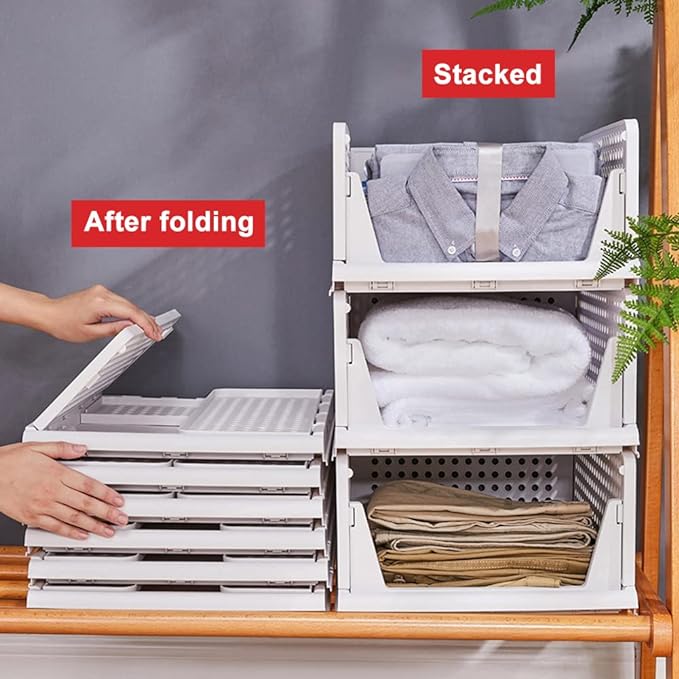 yazi Stackable Storage Bins,8 Pack Foldable Plastic Wardrobe Clothes Organizer Drawer Shelf Storage Basket Container Plastic Drawer Organizer Shelf Baskets Folding Containers Bins Cubes