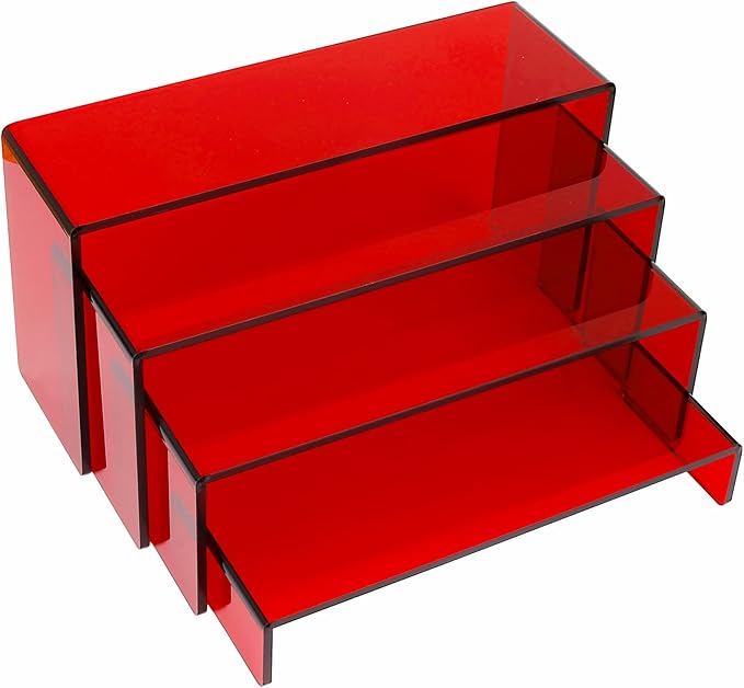 ELEGANTLIFE Acrylic Display Risers Set of 4, 4-Level Tiered Display Stands for Cupcakes, Small Figures & Jewelry, Compact Countertop Display Shelf, Multiple Colors Available (Translucent Red)