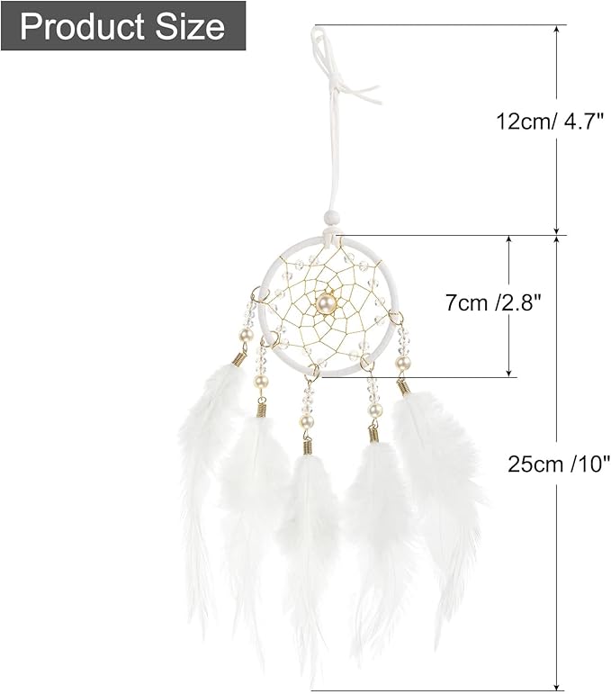 uxcell 2pcs Dream Catchers, Small Handmade Feather Dreamcatcher Supplies Car Charm with Crystal Beads Wall Hanging Decor for Home Car Decoration Ornament Women Friend Gift, White/Silver