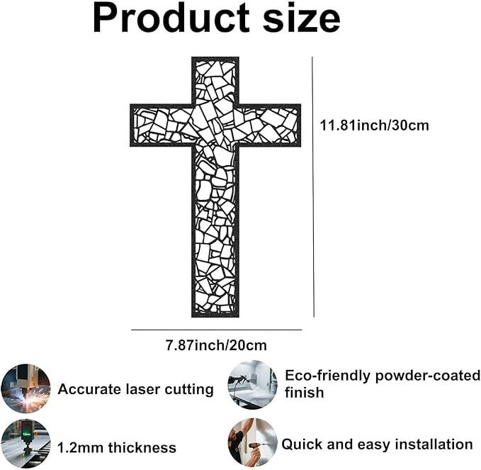 Black Metal Cross Wall Decor Iron Christian Cross for Home Church, Hollow Out Artistic Hanging Ornament, Crosses Wall Decor for Living Room, Bedroom, Decorative Thankful Religious Gift 11.8x7.9 inch