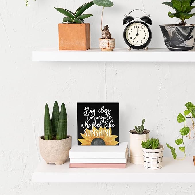 Black Room Decor Sunflower Gifts for Women Rustic Country Wooden Square Sign Decor Sunflower Summer Decorations for Home House Outdoor Shelf Wall Farmhouse Table Shelf