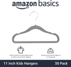 Amazon Basics Kids Velvet Non-Slip Space Saving Clothes Hangers with Shoulder Notches, Sturdy Closet Organizer for Baby/Toddler, 11.6", Gray, 30-Pack