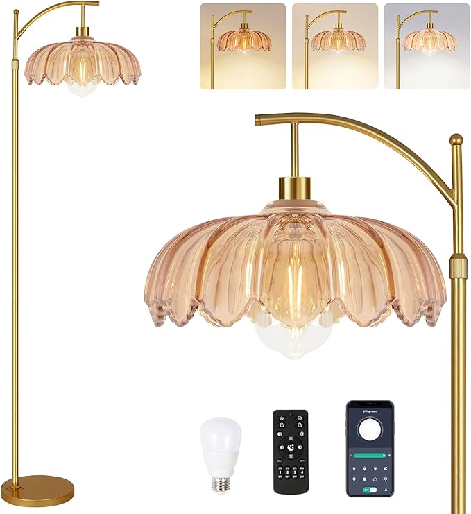 QIYIZM Floor Lamp for Living Room,Bedroom,Gold Dimmable Standing Lamp with Remote,Mid Century Modern Brass Tall Lamp Retro Vintage Glass Lamp Floor Light Boho Bohemian