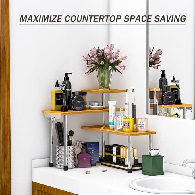 ZHWS Kitchen Countertop Organizer Spice Rack for Salt, Bathroom Counter Organizer Over Sink for Makeup, Skincare, Adjustable 3-Tier Corner Counter Shelf with 4 Hooks for Coffee Bar Dresser Table