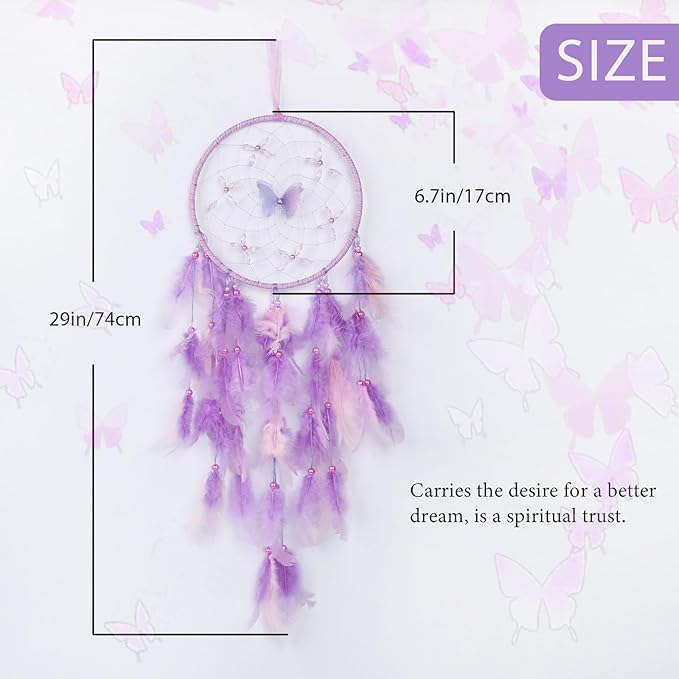 Pretty Jolly Dreamy Girls Butterfly Dream Catcher Wall Decor Fairy Purple Feather Baby Dreamcatcher Handmade Home Décor Wall Hanging for Nursery Bedroom Girls Birthday Gift