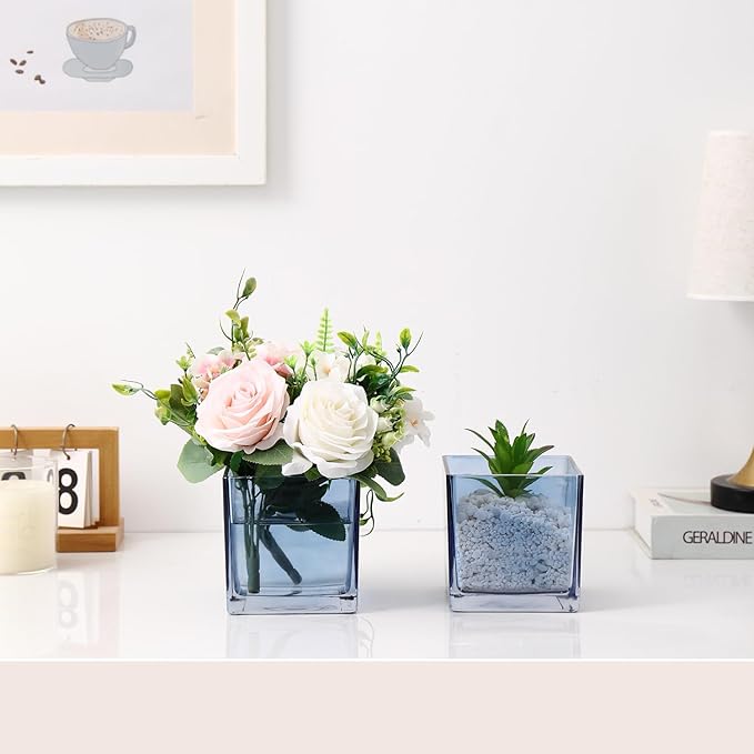 Square Glass Vases Set of 6, 4" x 4" x 4" Square Flower Vases for Centerpieces, Blue Vase for Flowers, Small Vase for Wedding, Party, Home Office Decoration