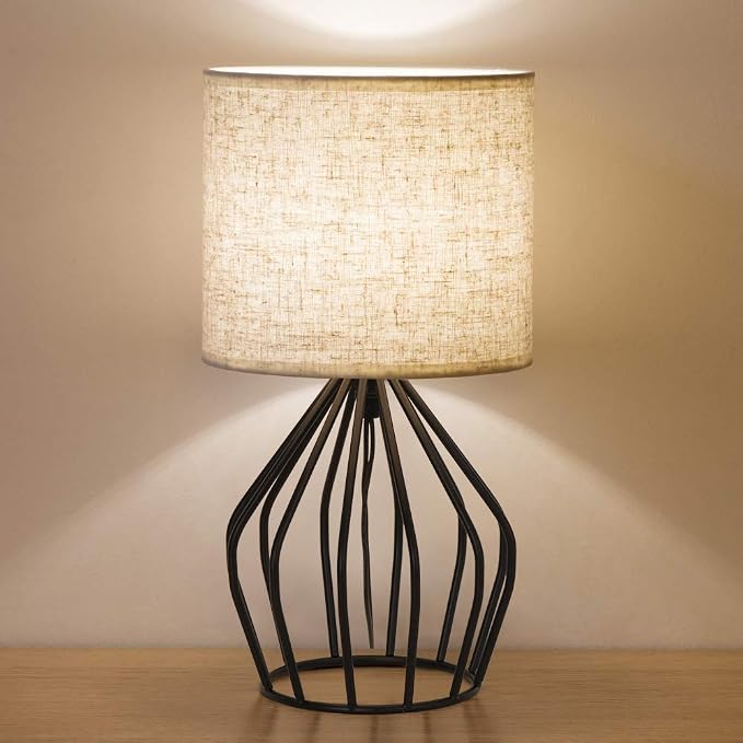 HAITRAL Black Modern Table Lamp - Minimalist Small Bedside Lamp with Hollowed Out Base Linen Fabric Shade, Vintage Nightstand Lamp for Bedroom Living Room Side Table Desk Kids Room