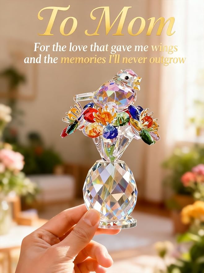 Crystal Figurines with Bird & Forget-Me-Not, 4.7 Inch K9 Crystal Keepsake & Paperweight, Romantic Home Decor Table Centerpiece for Mother Wife Sister (Colorful)