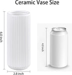White Ceramic Flower Vase for Pampas Grass, 6 inch Small Decorative Centerpiece Ribbed Vase for Dining Table, Office Desktop, Shelf Bookshelf, Mantel, Bathroom, Countertop, Farmhouse, Gift