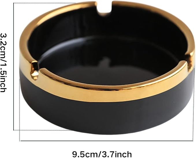 Saim Round Ceramic Gold Edge Cigar Ashtray for Cigar, Desktop Smoking Ash Tray Home Office 3.7" ×1.5" (Black)