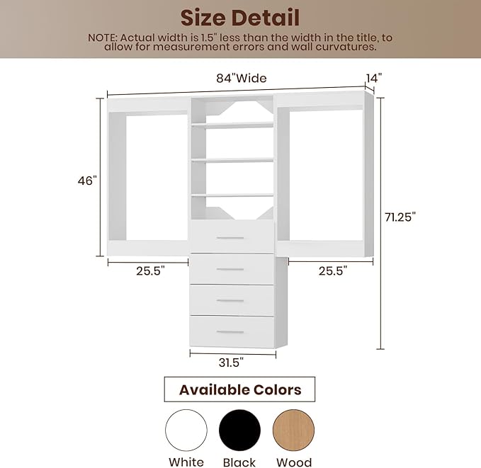 ROOMTEC Modular Closet System, 84" Wall-Mounted Closet Organizer with Drawers and Hanging Rods, Wooden Tower for Walk-In Closets, Wardrobe Storage Kit, White