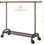 Heavy Duty Clothes Rack for Hanging Clothes Extendable Rolling Clothing Rack for Hanging Clothes 51 to 71" W x 16.53" D x 65" to 71" H 350lbs Snap Adjust Height Coat Rack