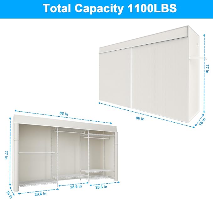 Ulif E13C Max Heavy Duty Closet Organizer System，Freestanding Clothing Racks for Hanging Clothes，Adjustable Garment Rack 86" W x16 D x77 H Hold 1100 lbs，White Rack with White Dustproof Cover