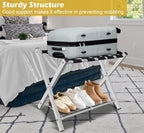 mocomax 1 Pack Folding Luggage Rack for Guest Room, Foldable Suitcase Stand Holder with Metal Storage Shelf for Bedroom, Living Room, Hotel Essentials, Heavy Duty Steel Frame, White