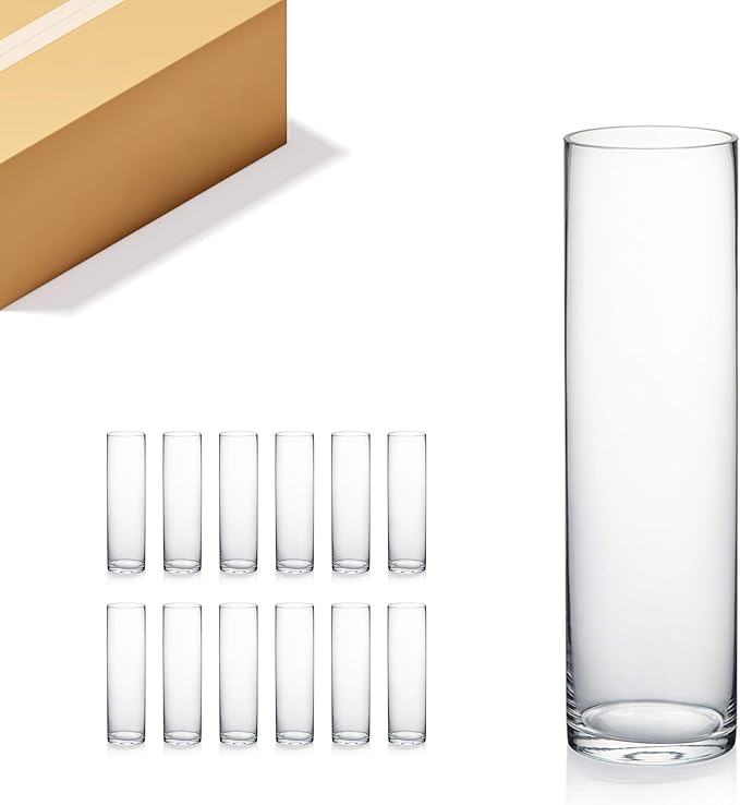 WGVI Quality Thick Weighted Tall Clear Cylinder Glass Vases, 4" W x 14" H, Flower Arrangement Floating Candle Holders Wedding Centerpieces Floral Container Home Decor, Bulk Wholesale, 12 Pcs