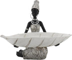 Lescafita African Woman Resin Tray Figurine, White Leaf Decorative Bowl Sculpture, Boho Tribal Art Statue for Jewelry Storage and Home Decor