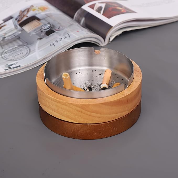 Cute Ashtrays for Cigarettes Outdoor Patio Ash Tray with Lid FriyGardcn Wooden Ashtray with a Stainless Steel Portable Decorative Ash Tray for Home,Office,Indoor,Parties