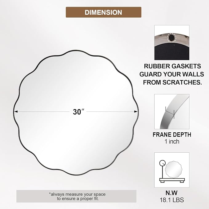 ANDY STAR Chrome Round Wall Mirror 30 inch, Polished Metal Frame Circle Bathroom Mirror in SUS304 Stainless Steel Frame, with Unique Modern Circular Wavy Design