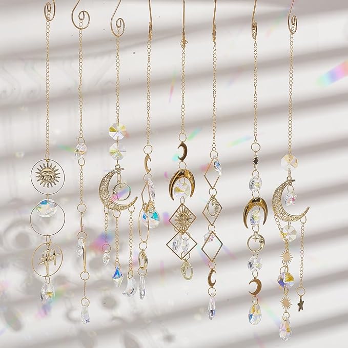 SUNNYCLUE 1 Box DIY 8 Sets Sun Catchers Kit Moon Suncatchers Gold Star Crescent Hanging Prism Suncatcher with Crystal Rainbow Maker for Windows Indoor Outdoor Home Garden Party Wedding Decor Gifts