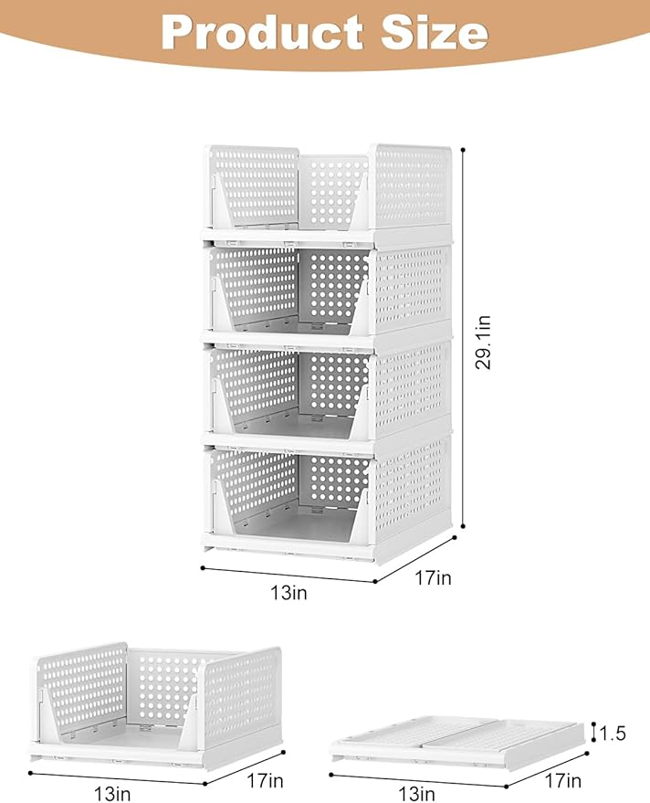 4 Pack Closet Organizer System, Stackable Plastic Clothes Storage Basket, Stackable, Foldable Organizers for Wardrobe Clothes Organizer Suitable for Bedrooms Bathrooms Kitchen Living Rooms Office Dorm