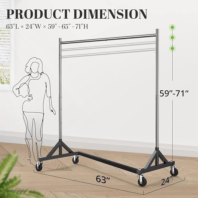 HOKEEPER Z Base Clothing Rack Heavy Duty Clothes Rack for Hanging Clothes Hold 500LBS Commercial Garment Rack with Wheels Adjustable Rolling Clothes Rack Portable Z 24" Dx63 Wx71 H, 3 Pack
