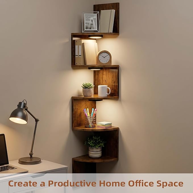 HAAYOT Corner Shelf Wall Mounted: 5-Tier Floating Shelves with Lights for Bedroom, Living Room, Home Office, Rustic Brown
