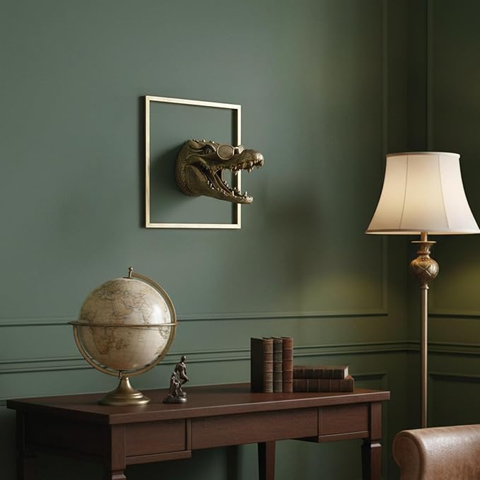 JJALIGHTS Exquisite Resin Animal Head Wall Sculpture (Gift Metal Frame) - Imitation Copper Vintage Decor for Living Room, Bedroom & Office | Decorative Wall Hanging Art (Alligator)